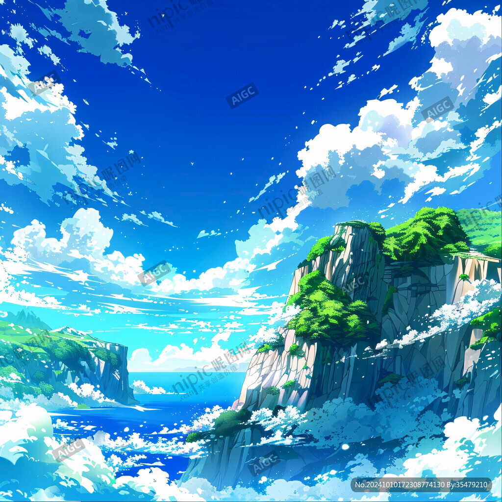 蓝天白云大海岩石插画