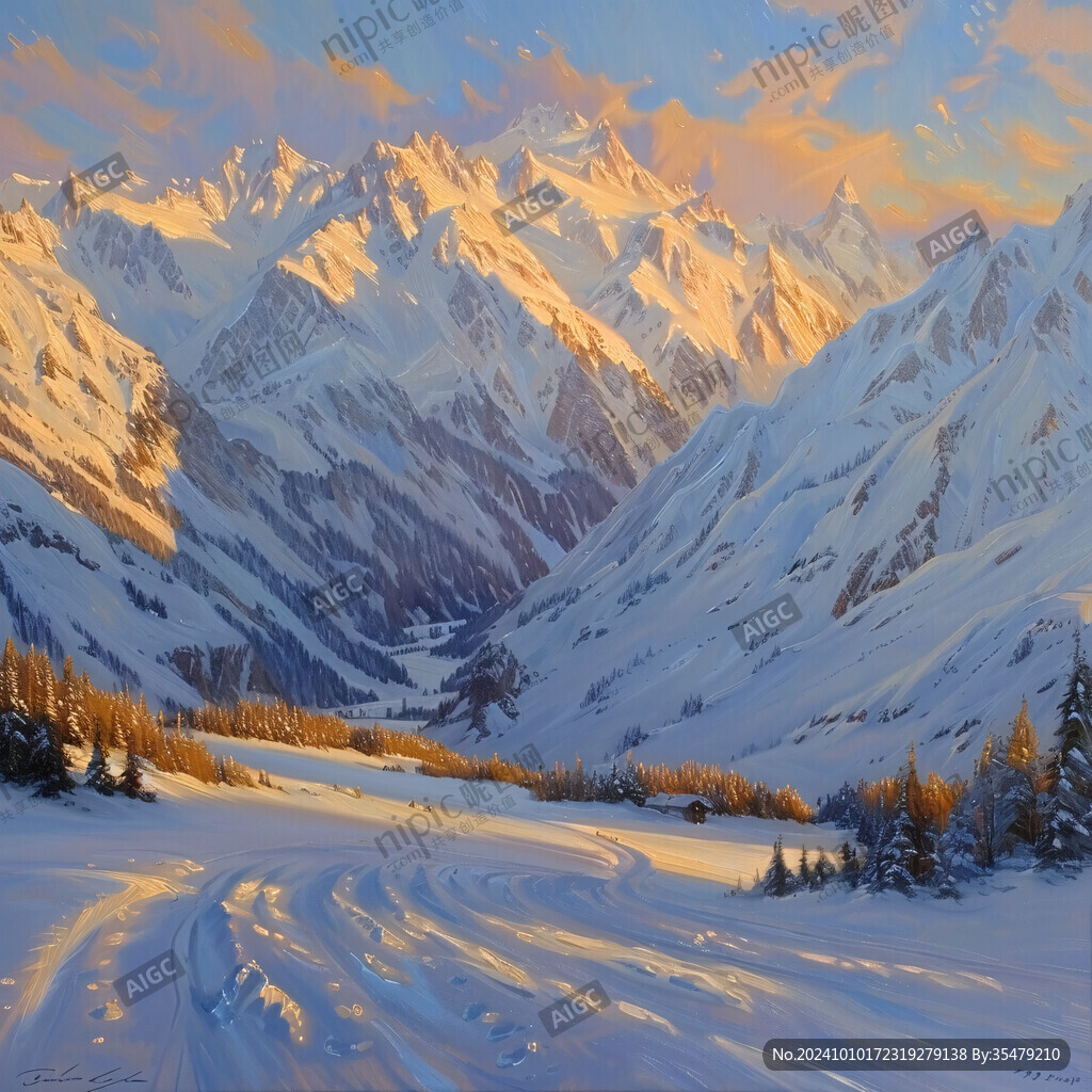 雪山水粉画