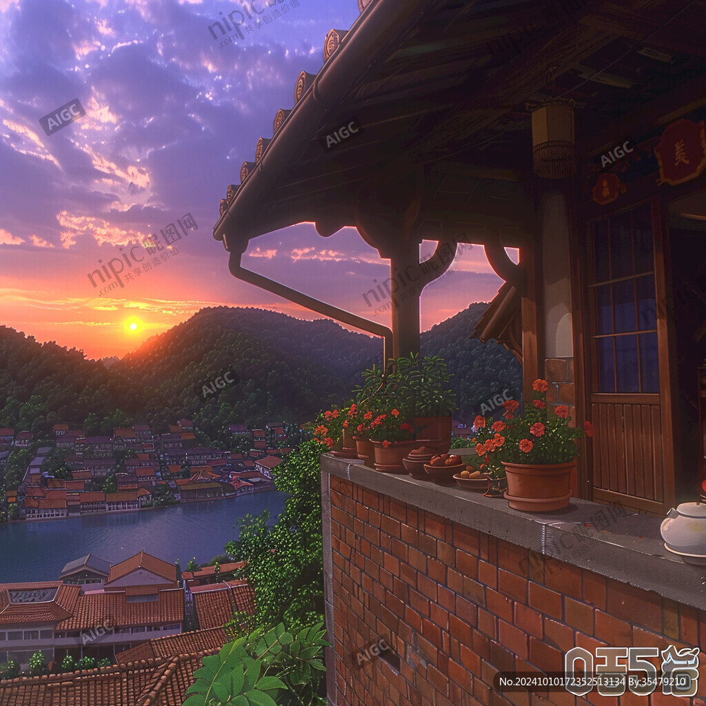 黄昏美景房屋阳台花园