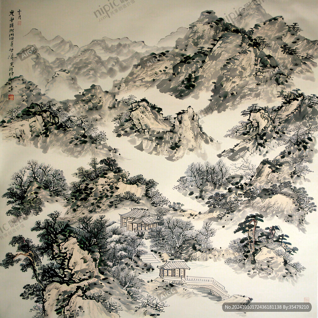 手绘仿古山水画