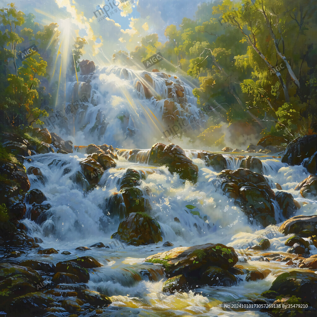 山水风景油画瀑布