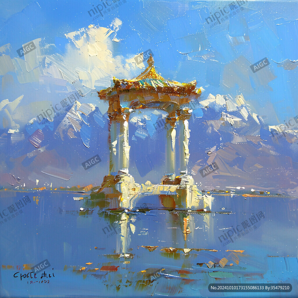 古风亭台楼阁油画