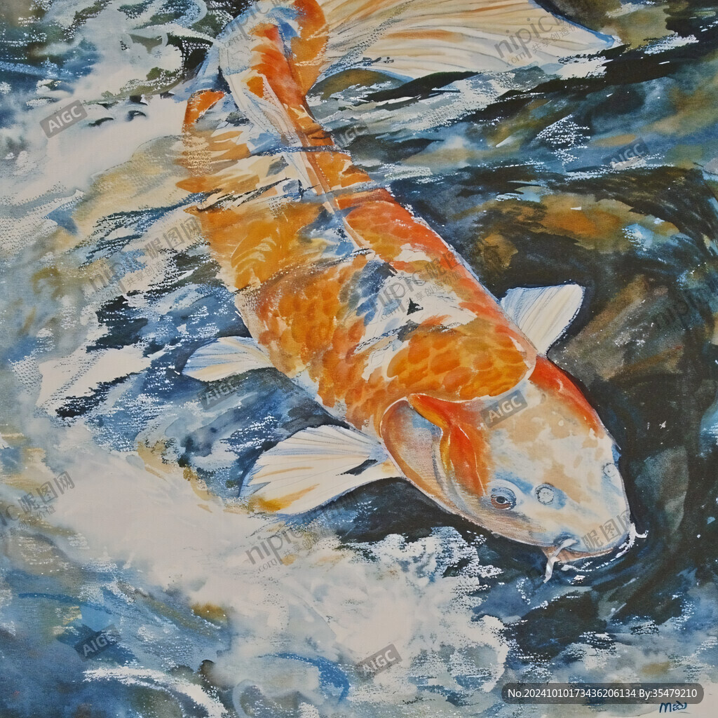 锦鲤戏水油画