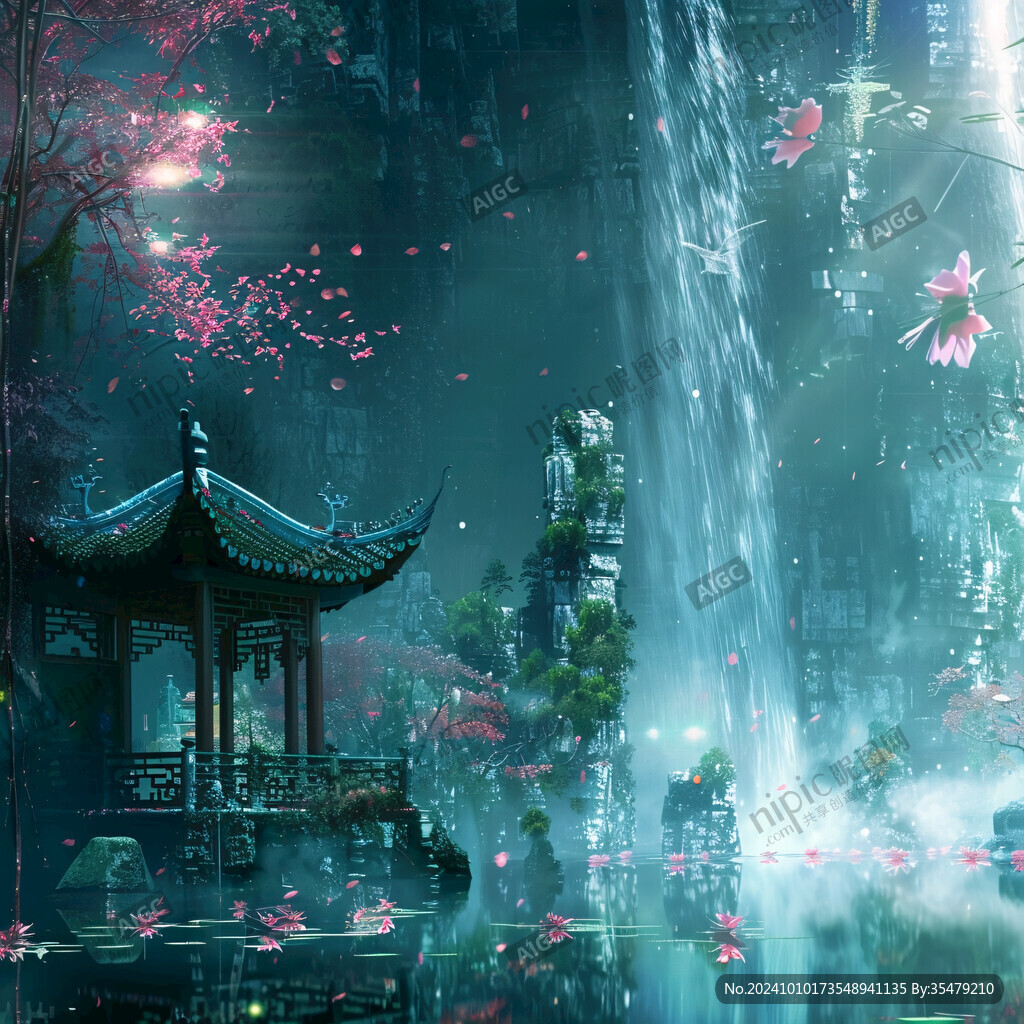 亭台楼阁流水瀑布