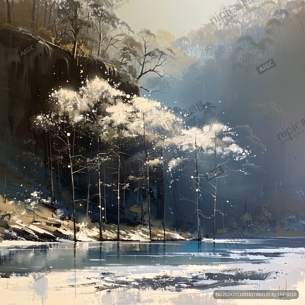 手绘湖水梦幻背景壁画