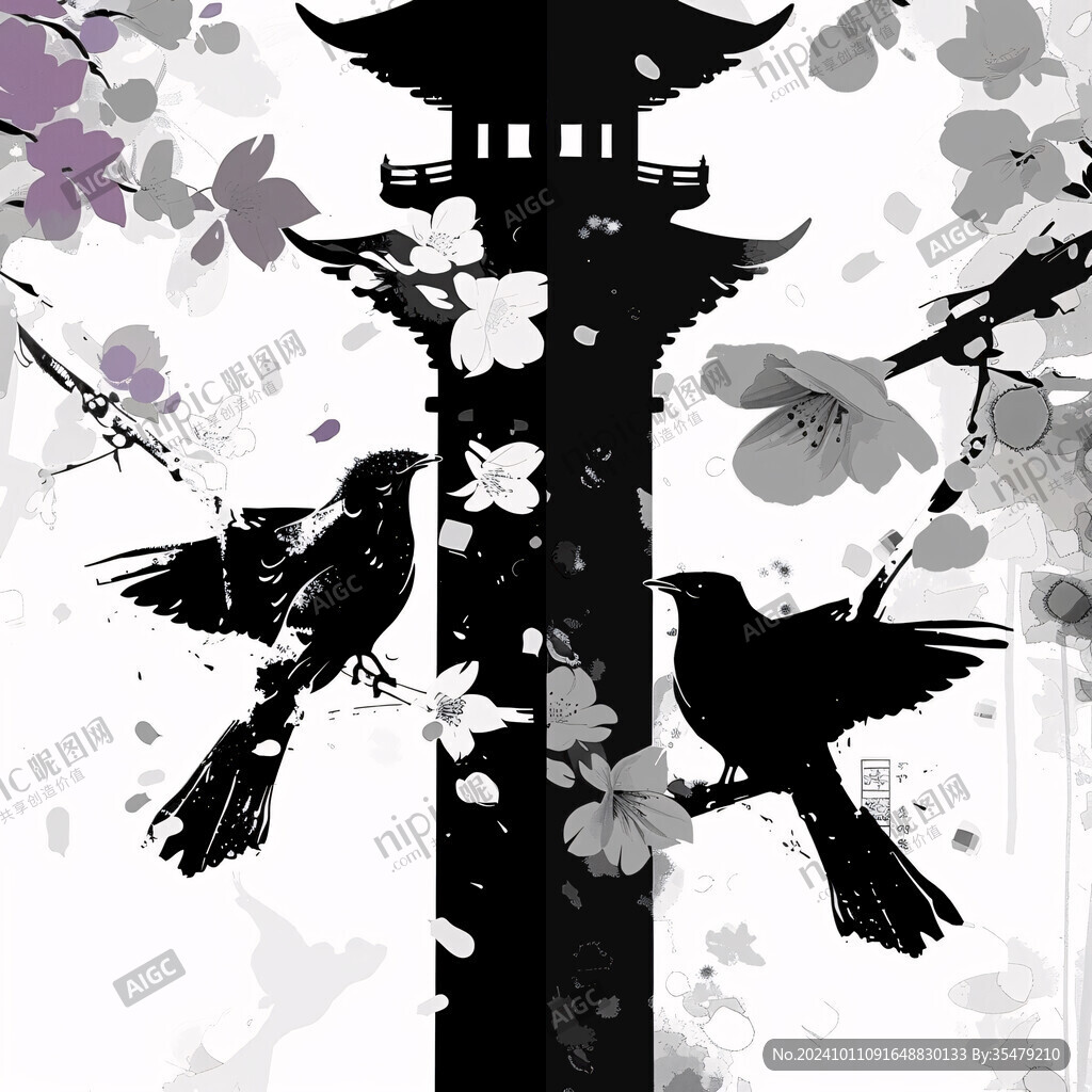 手绘建筑花鸟背景