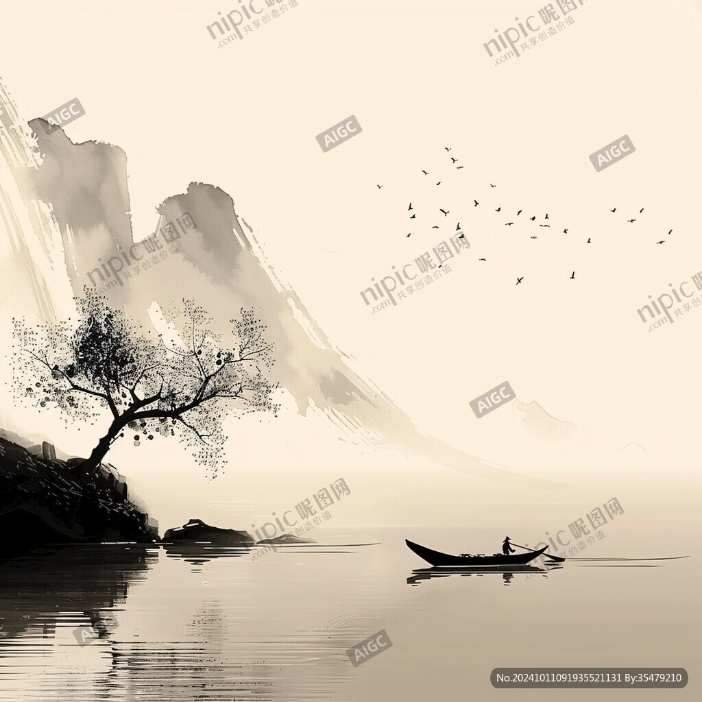 水墨山水画小船
