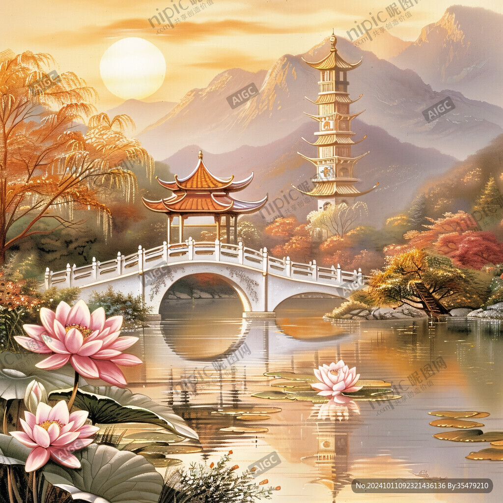 手绘描金亭台楼阁山水