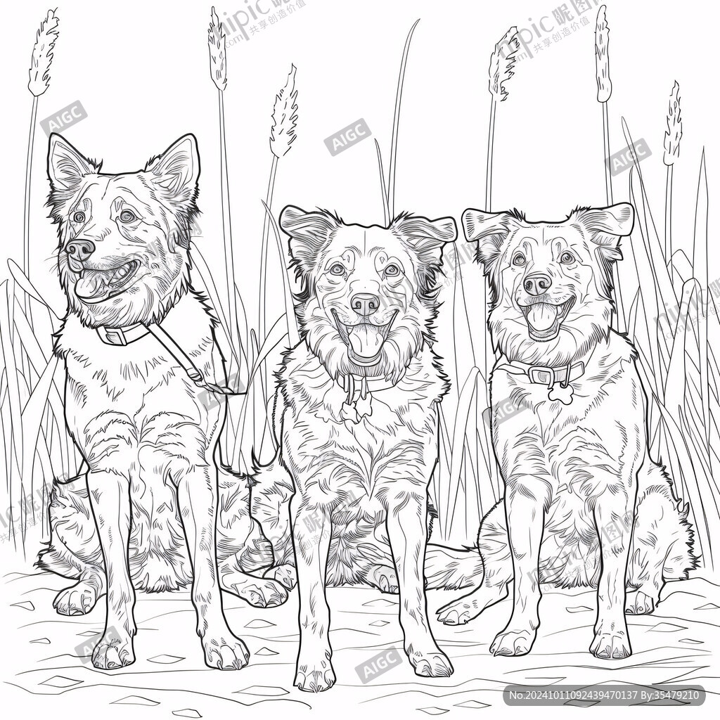 小狗白描线稿