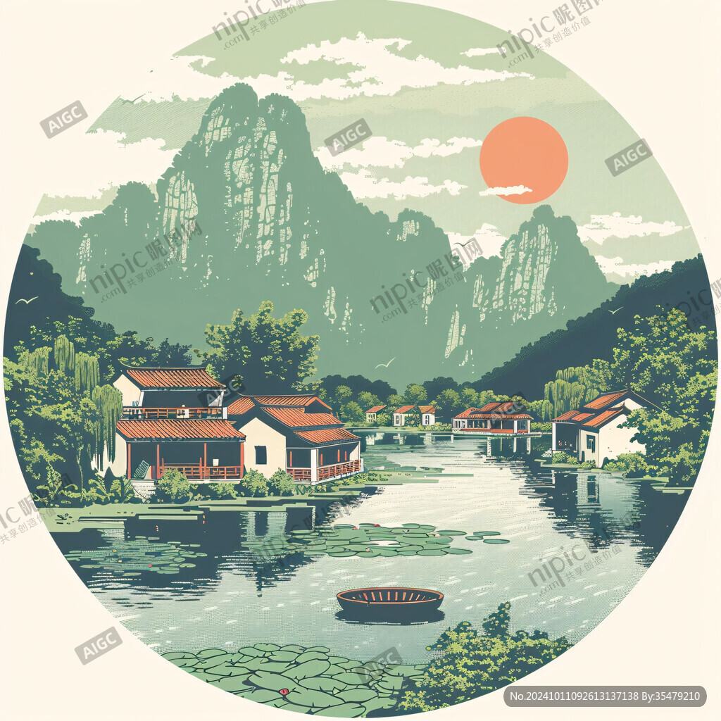 圆形手绘山水