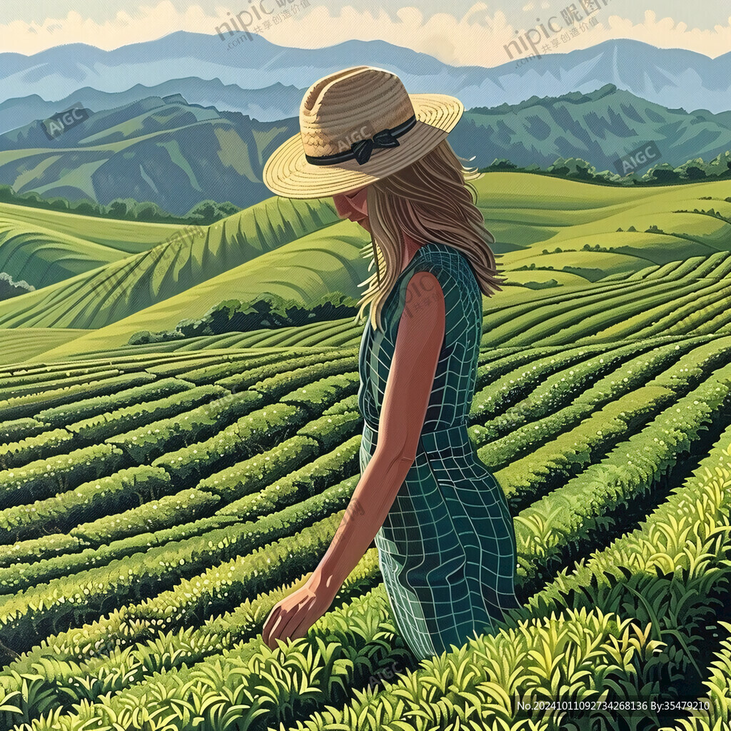 茶插画采茶女插画