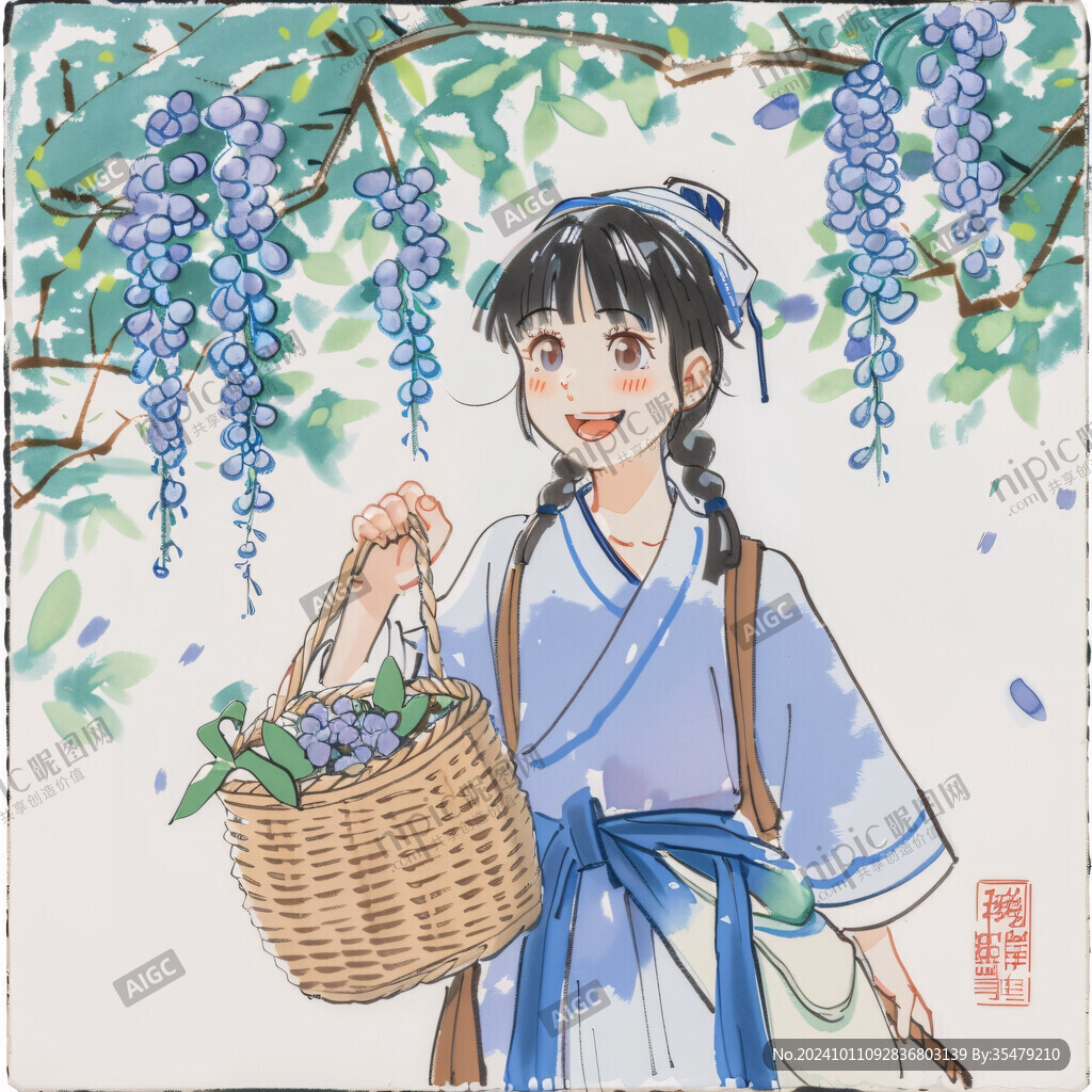 农家女孩采葡萄插画