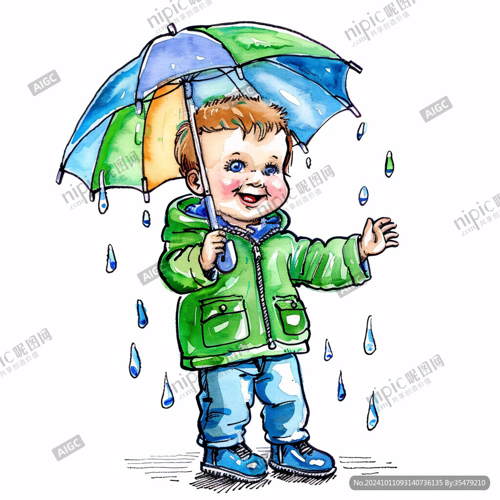 手绘雨天男孩