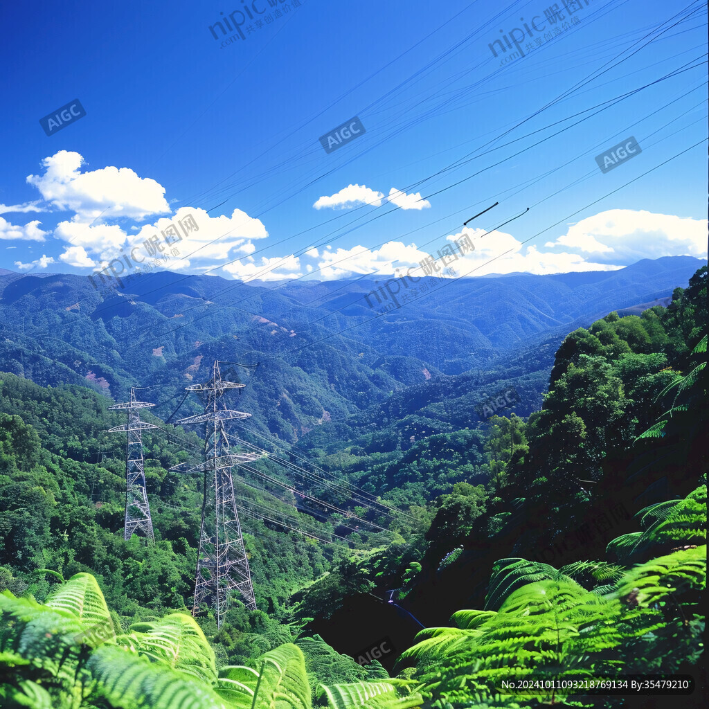 蓝天白云高山电线塔