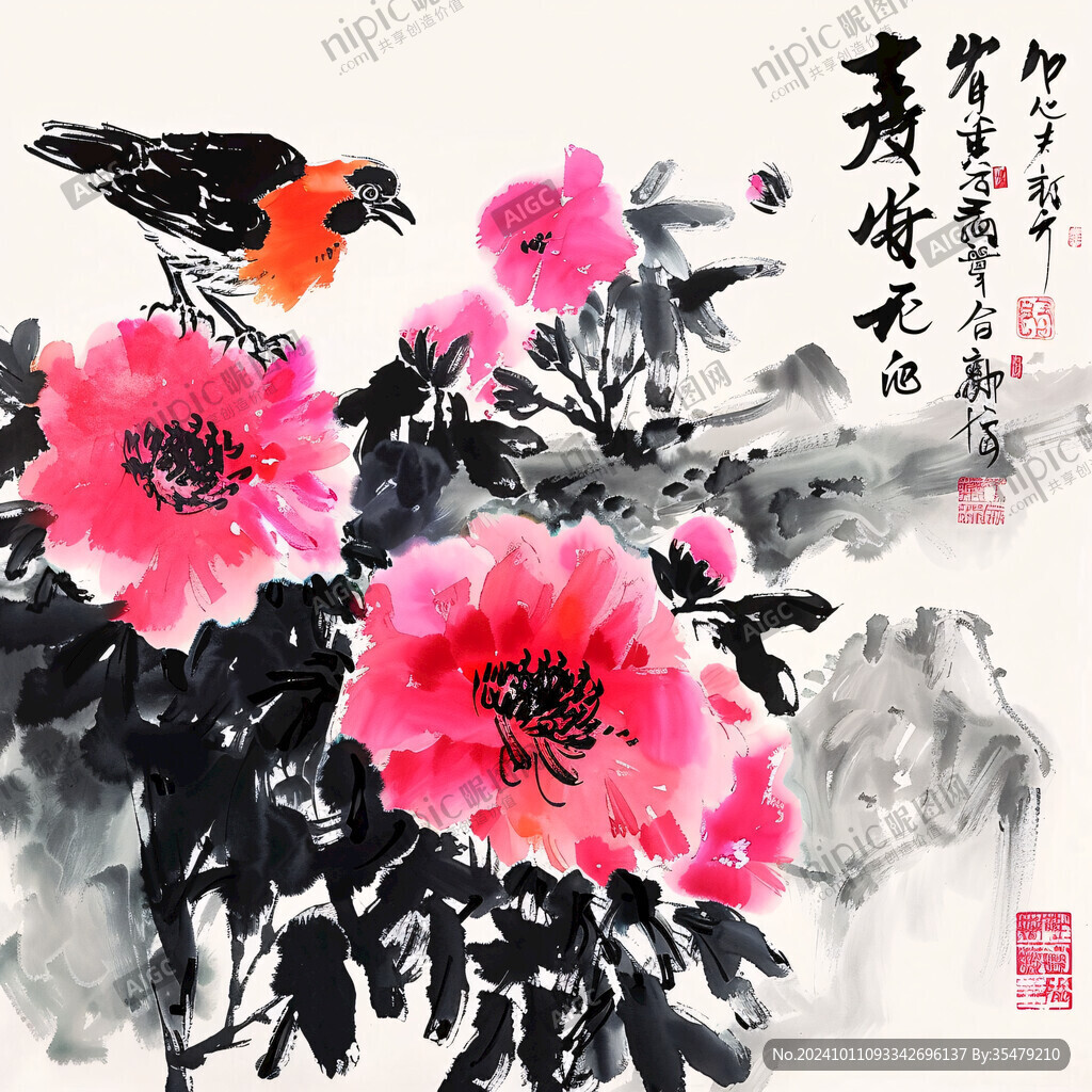 手绘国画牡丹花鸟