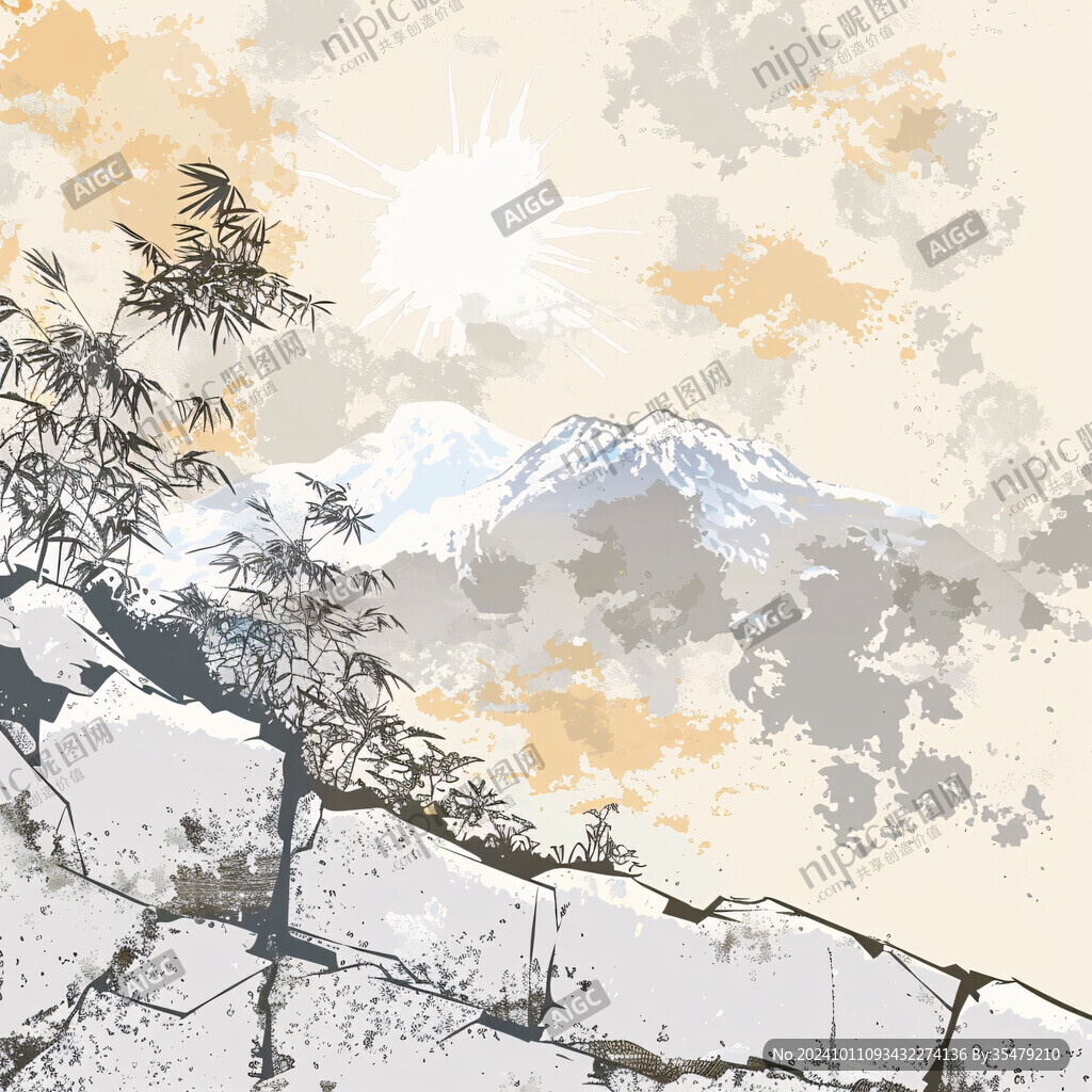 日落水墨画日落群山