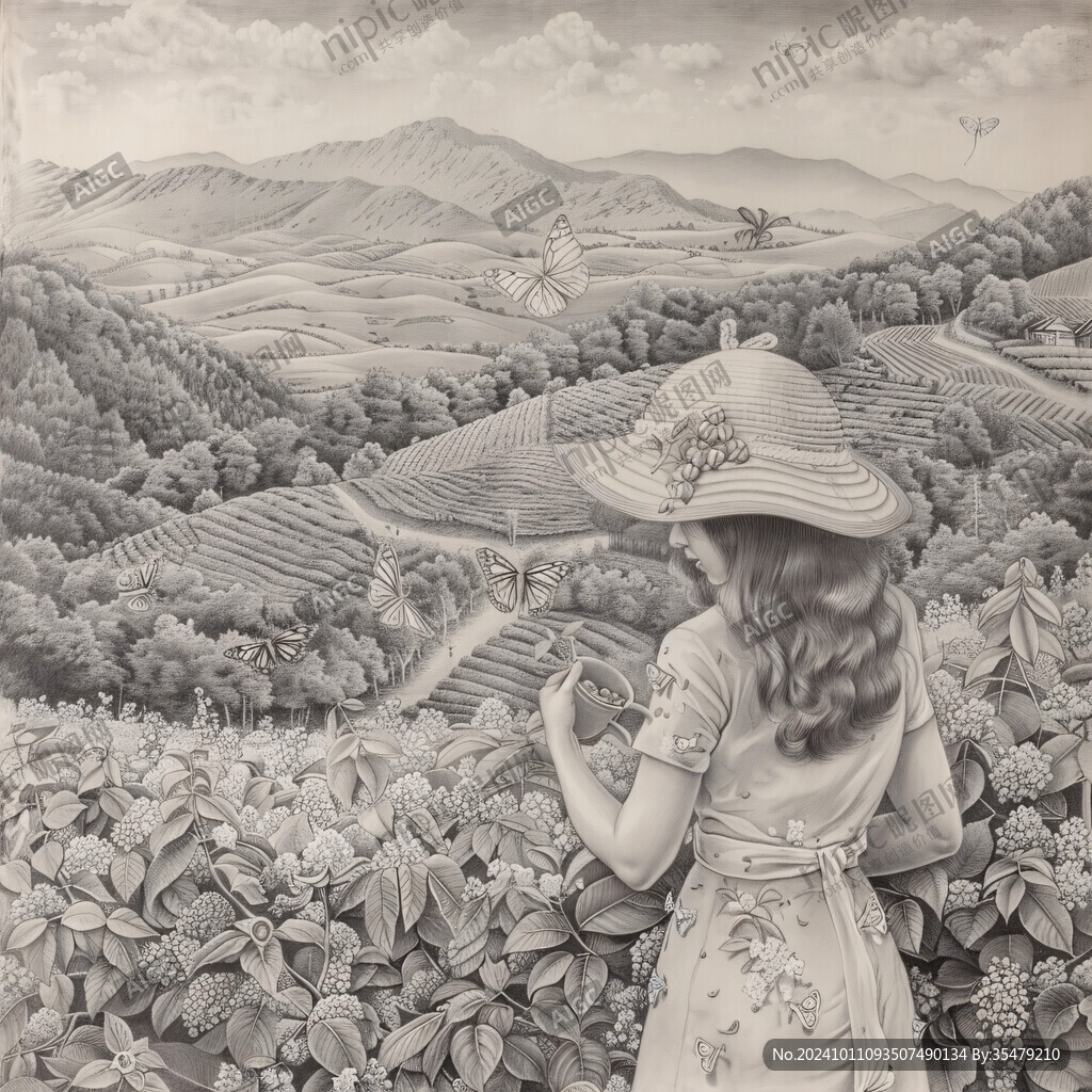 手绘茶园插画女孩