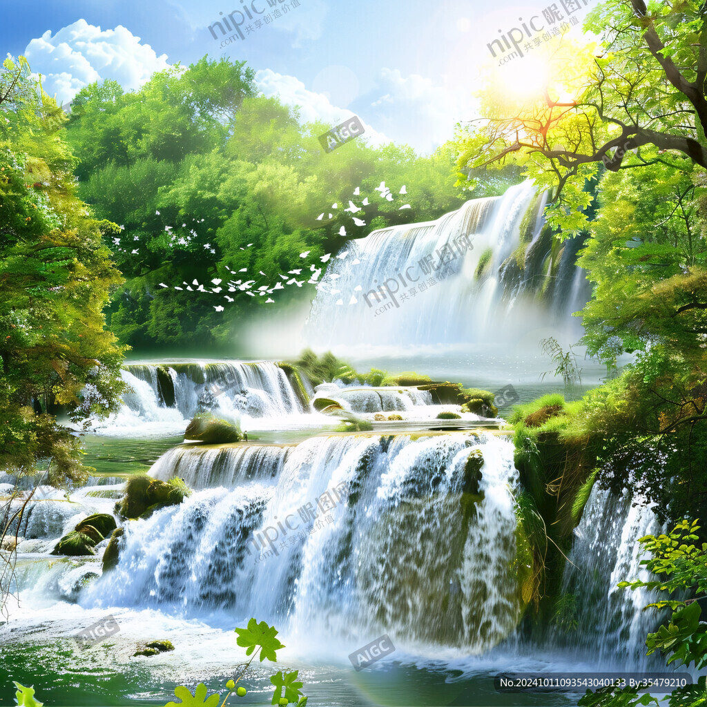 自然山水画瀑布流水