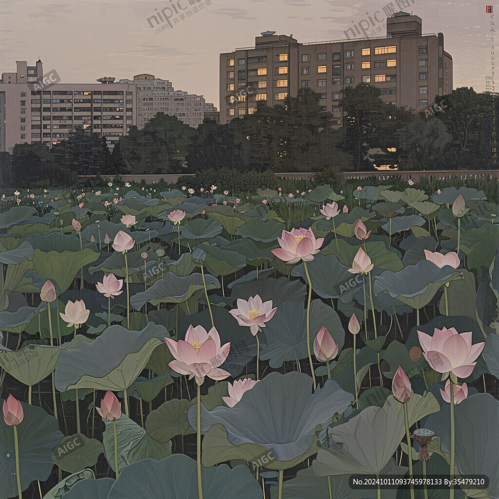 荷花池插画