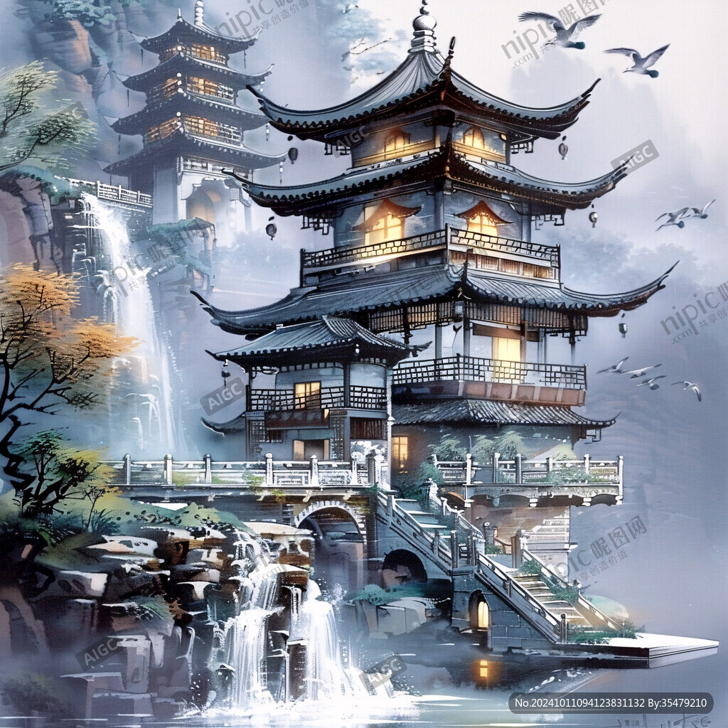 AI创作图楼阁山水意境画 亭台楼阁意境插画 古代亭子流水 中国风亭台楼阁 楼阁仙鹤古典阁楼 亭台楼阁流水瀑布 仙鹤楼阁山水插画 仙境亭台楼阁 ...