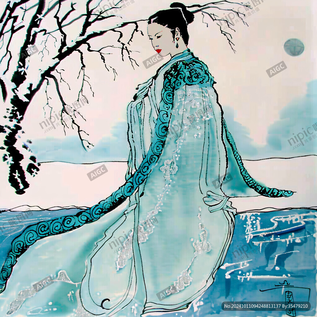 古装美女水彩国画
