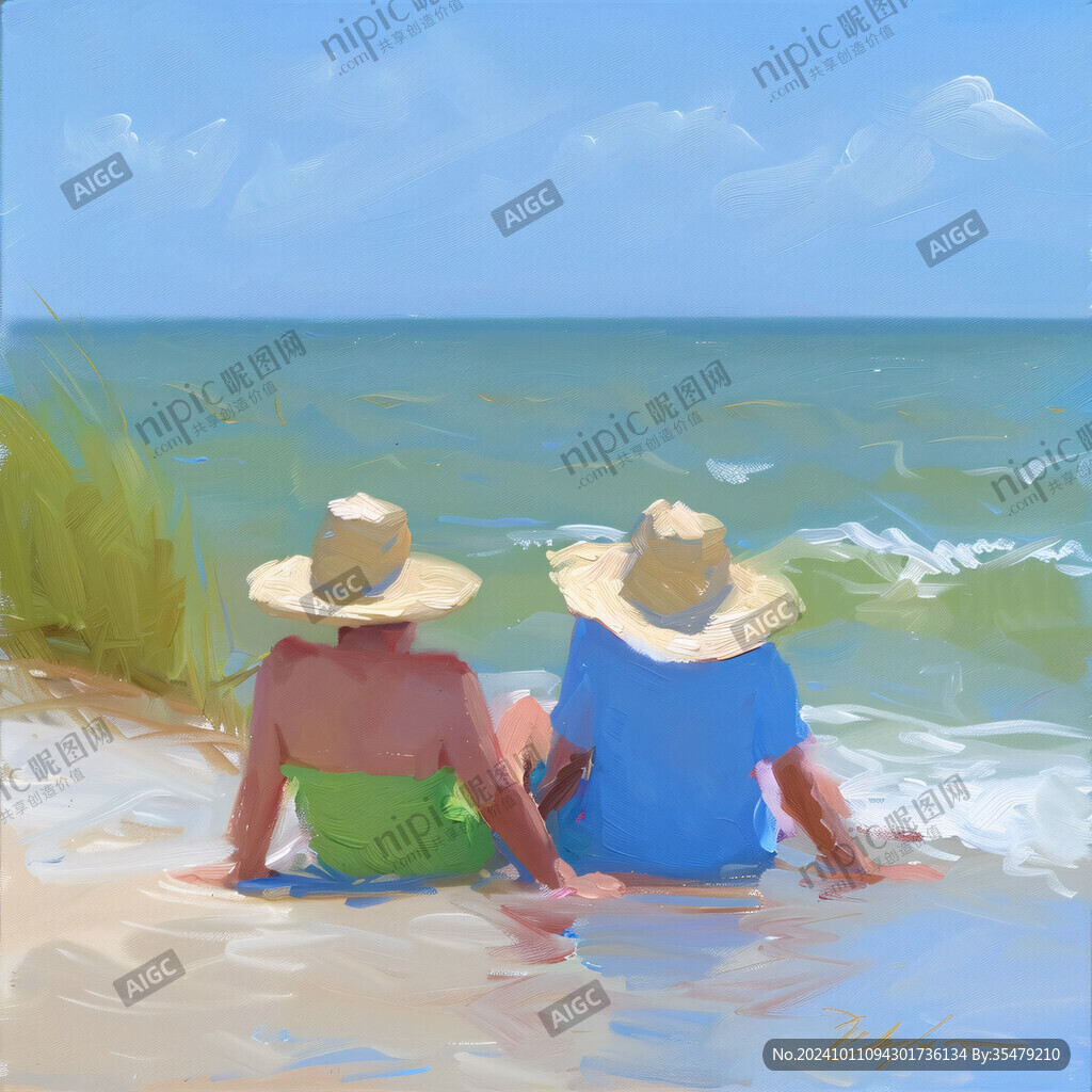 手绘看海的情侣插画
