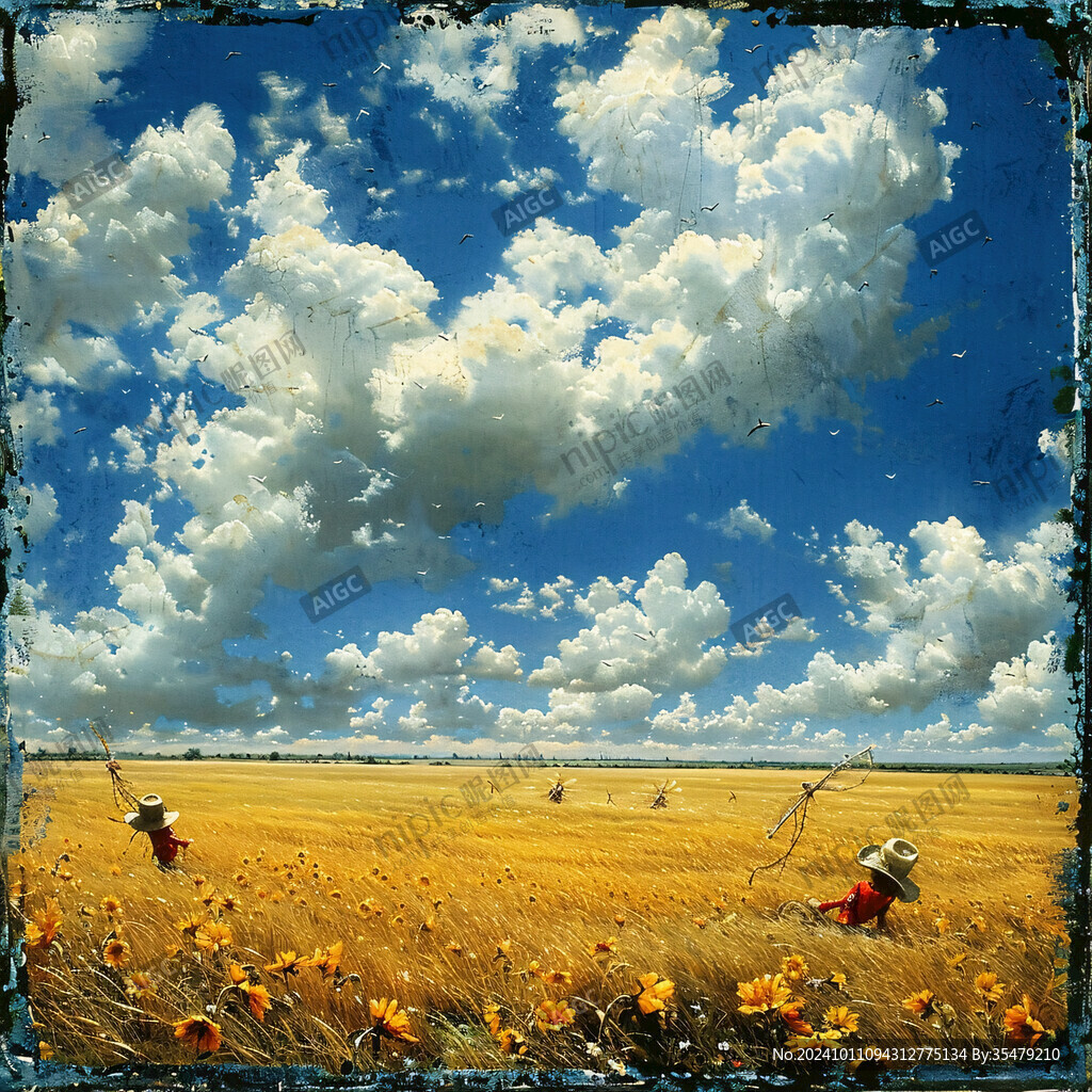 蓝天白云油菜花油画