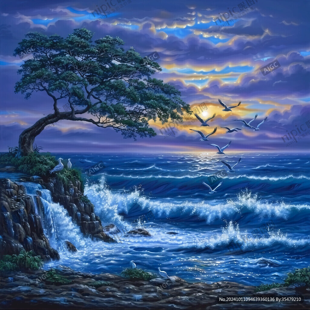 海浪仙鹤松树