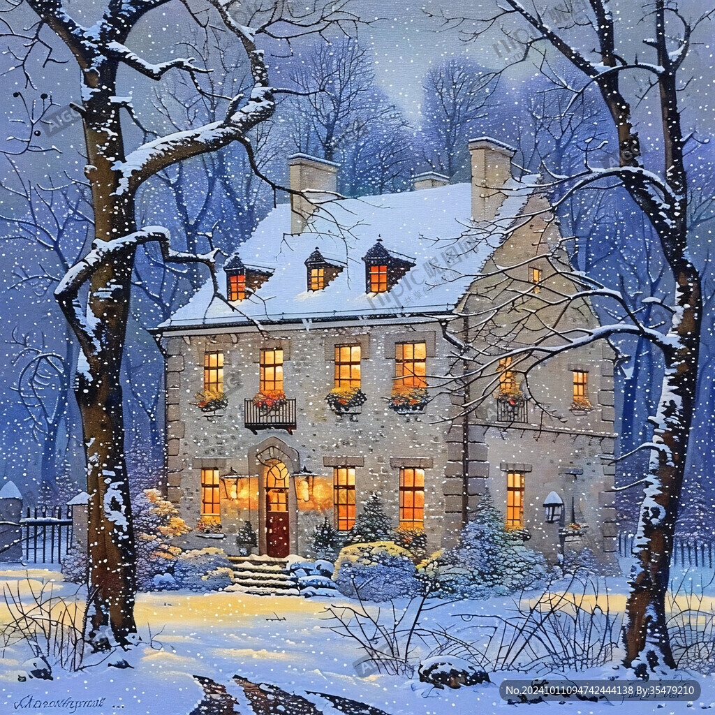 手绘雪夜风景无框画