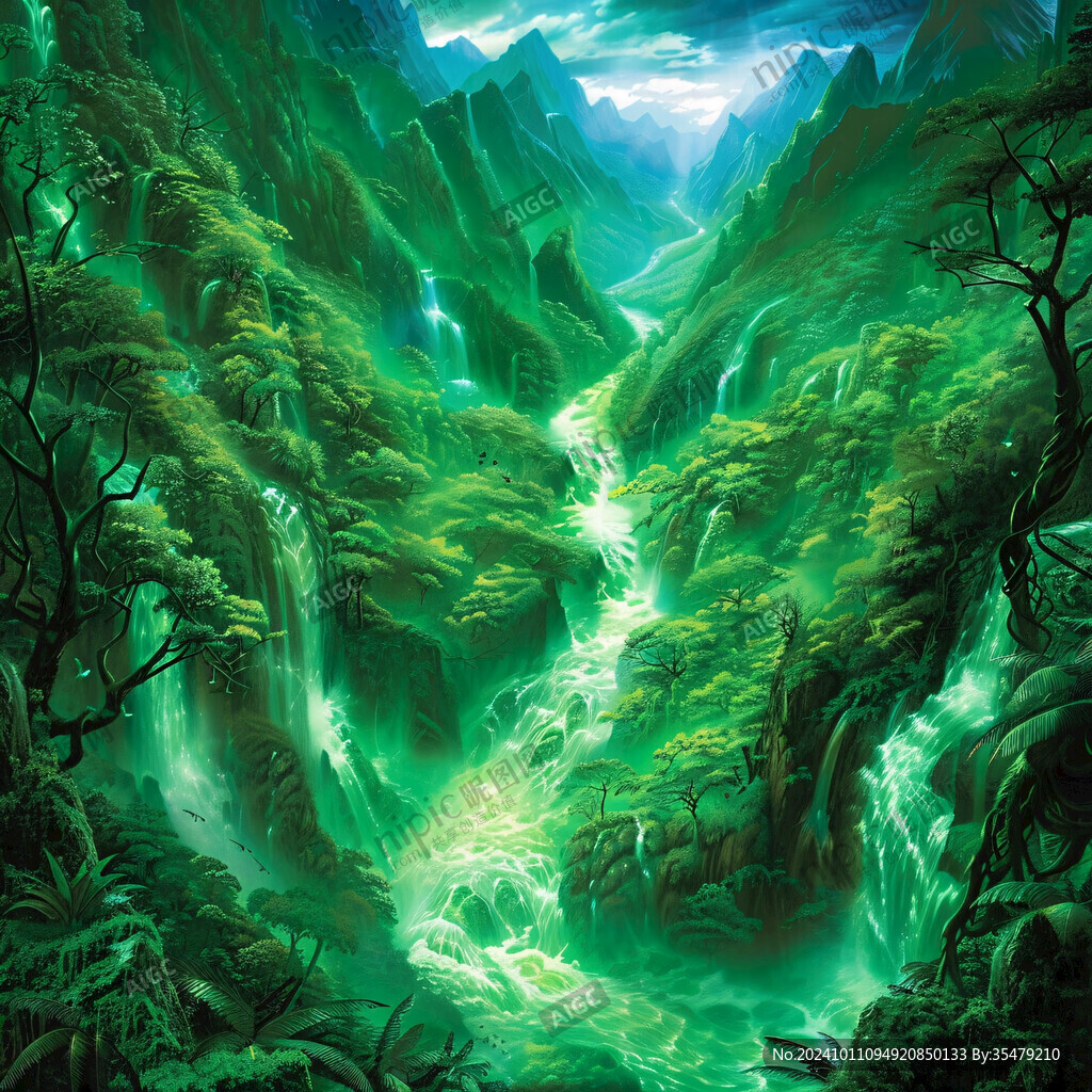 山水风景油画瀑布