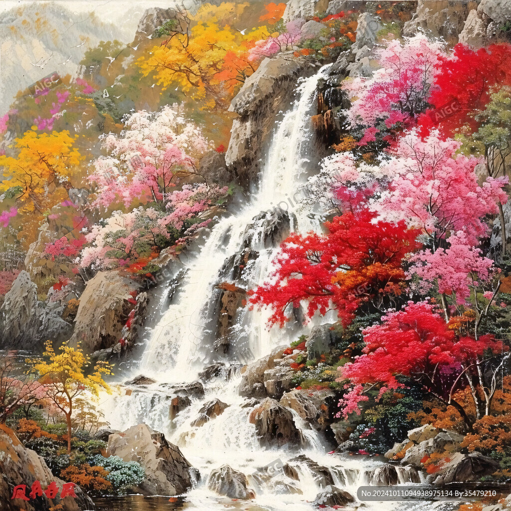 山水风景油画瀑布