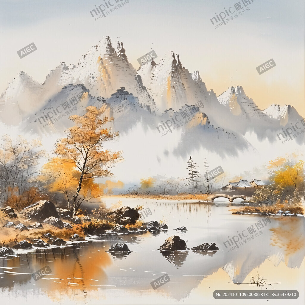 银杏山水风景画