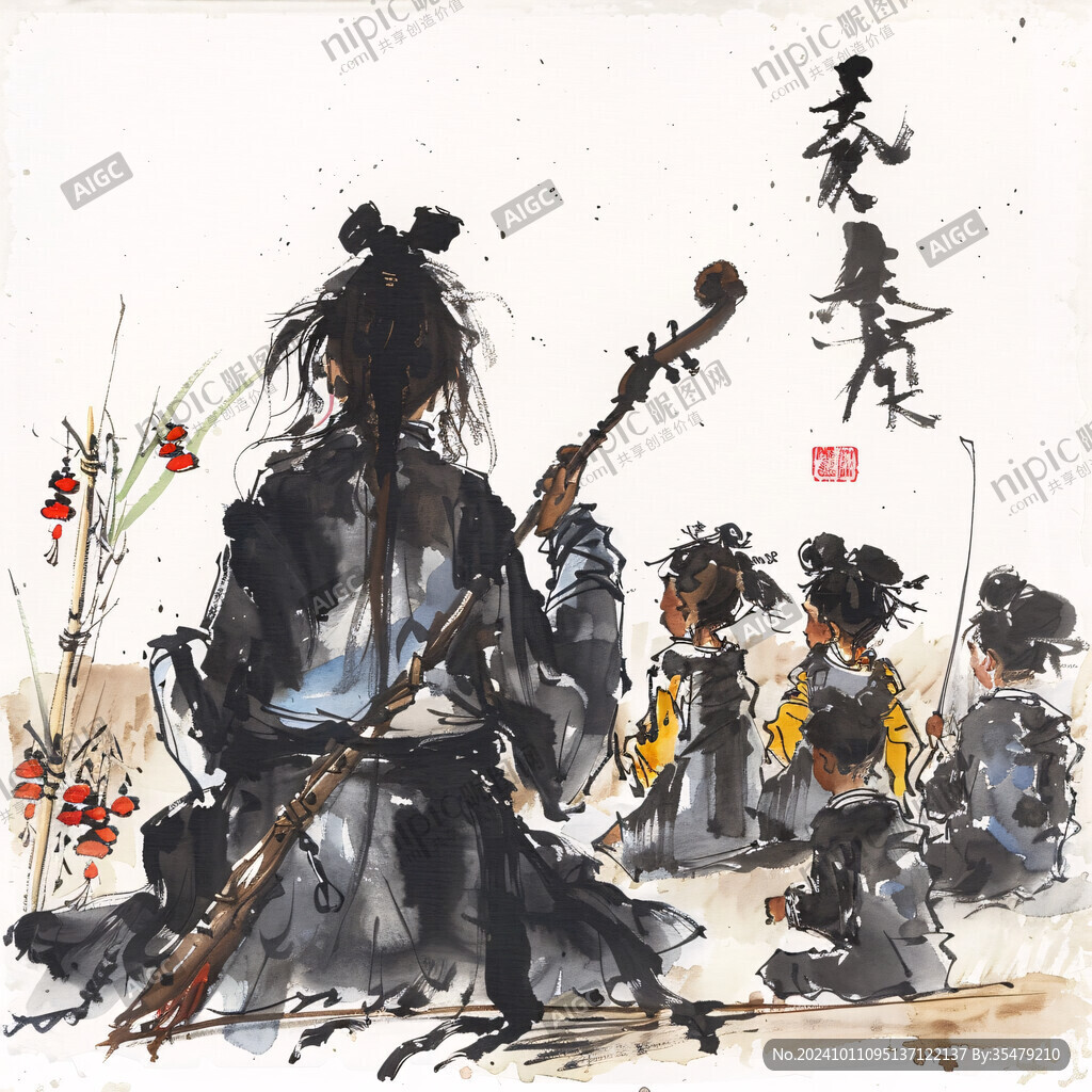拉二胡的古风人物插画