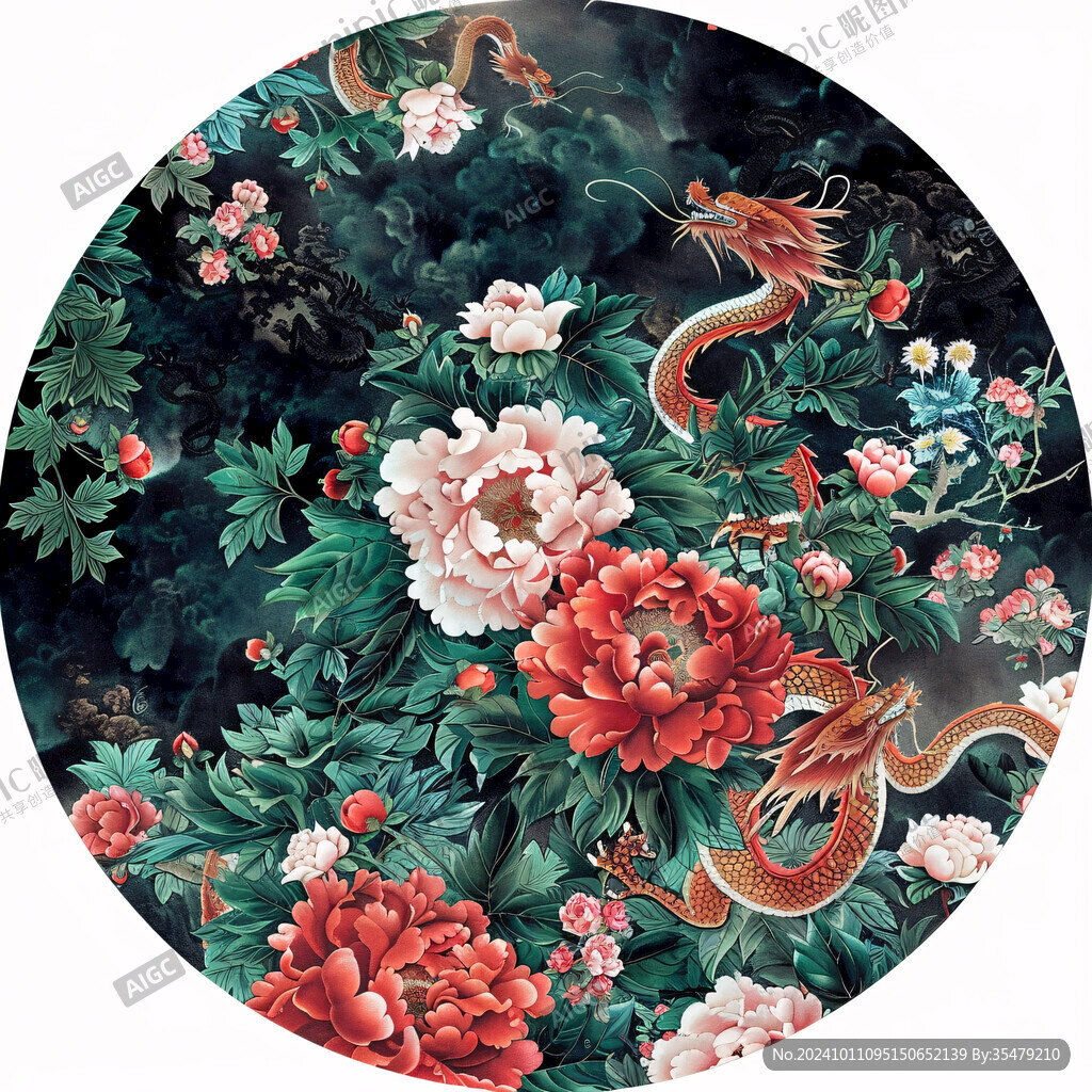 国风蛇与牡丹插画