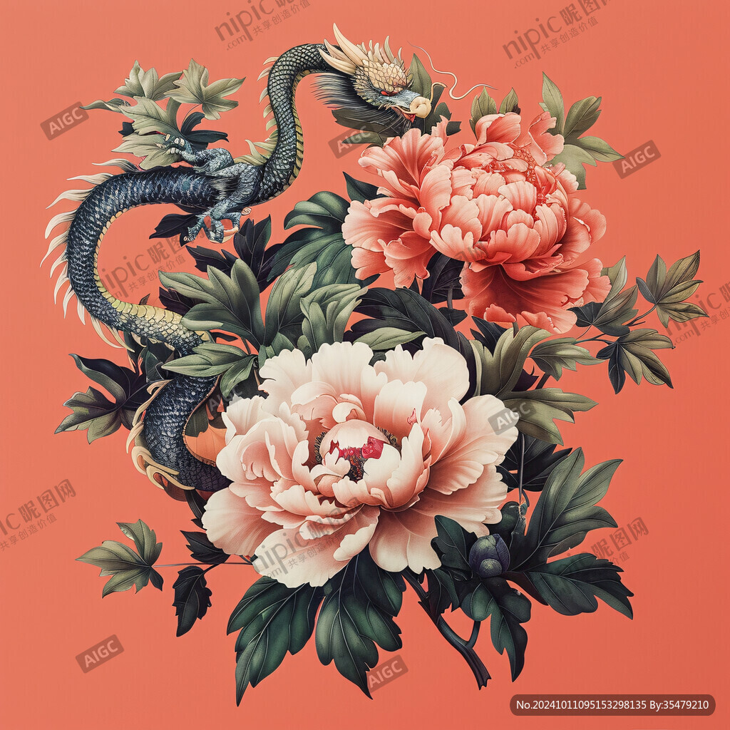 国风蛇与牡丹插画