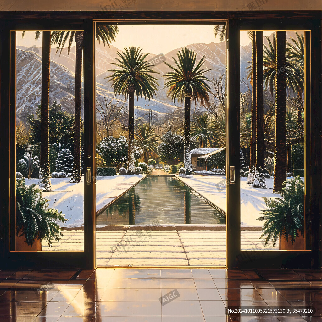 雪中庭院湖景