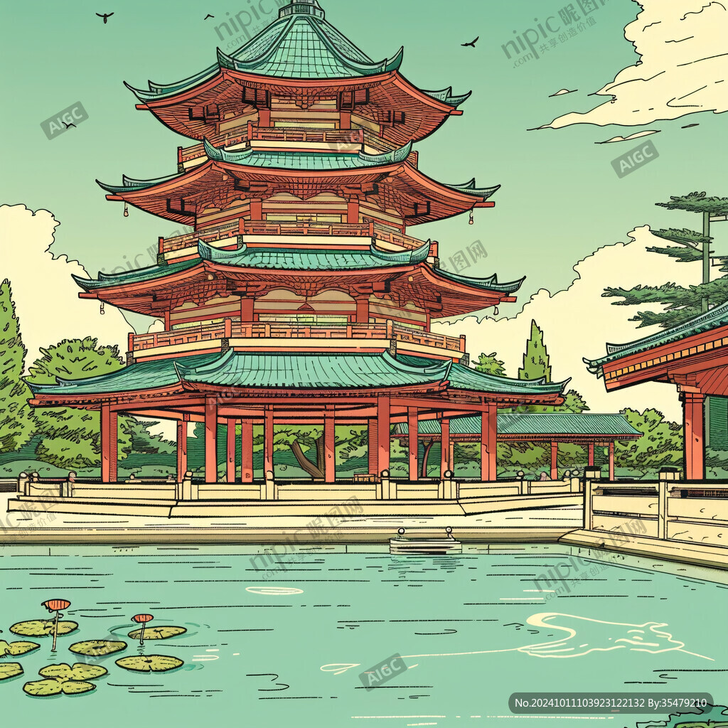 国潮六和塔手绘插画