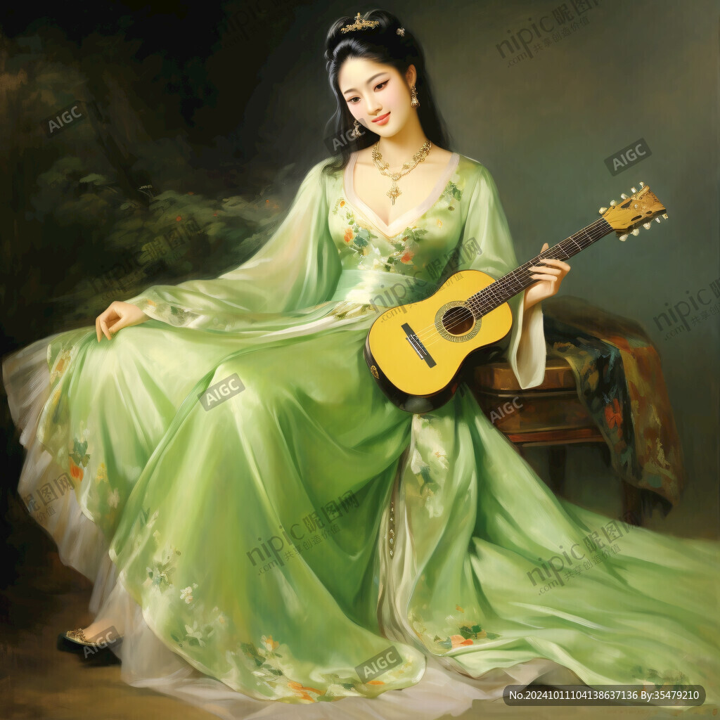 水彩古装美女琵琶