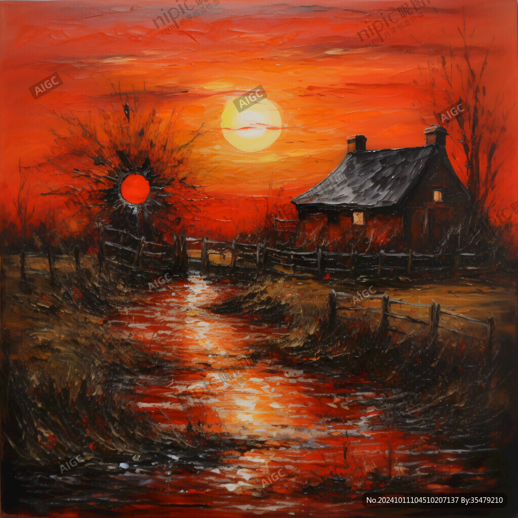 日落手绘油画