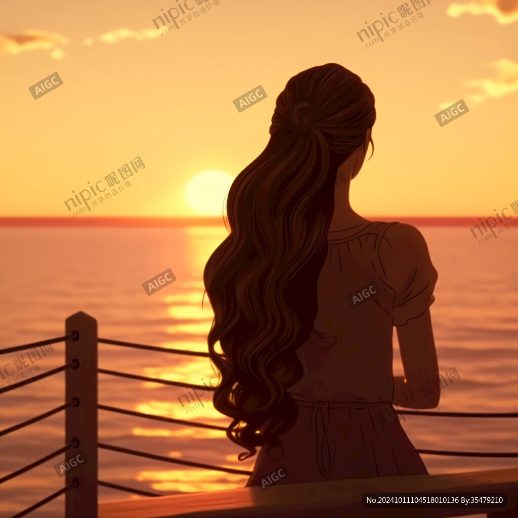 女孩看海上日出