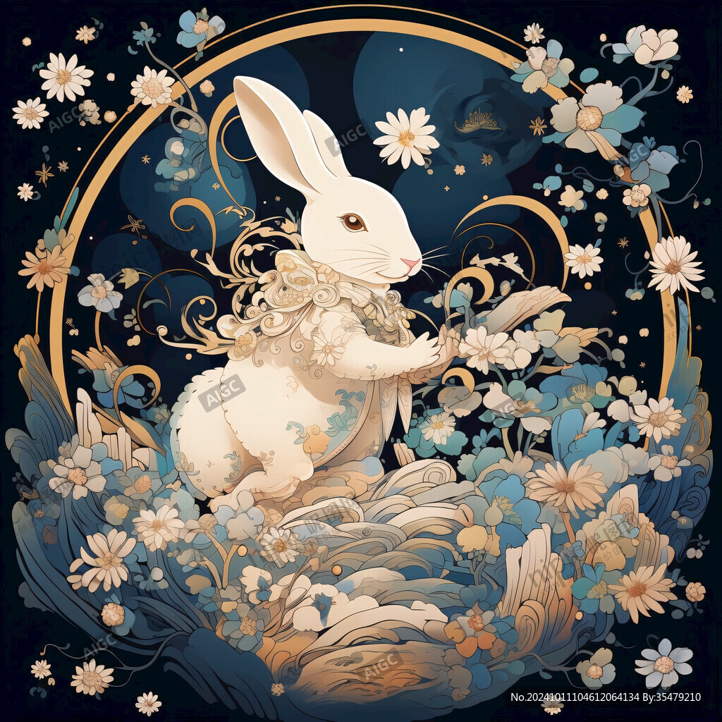 国潮插画牡丹兔子