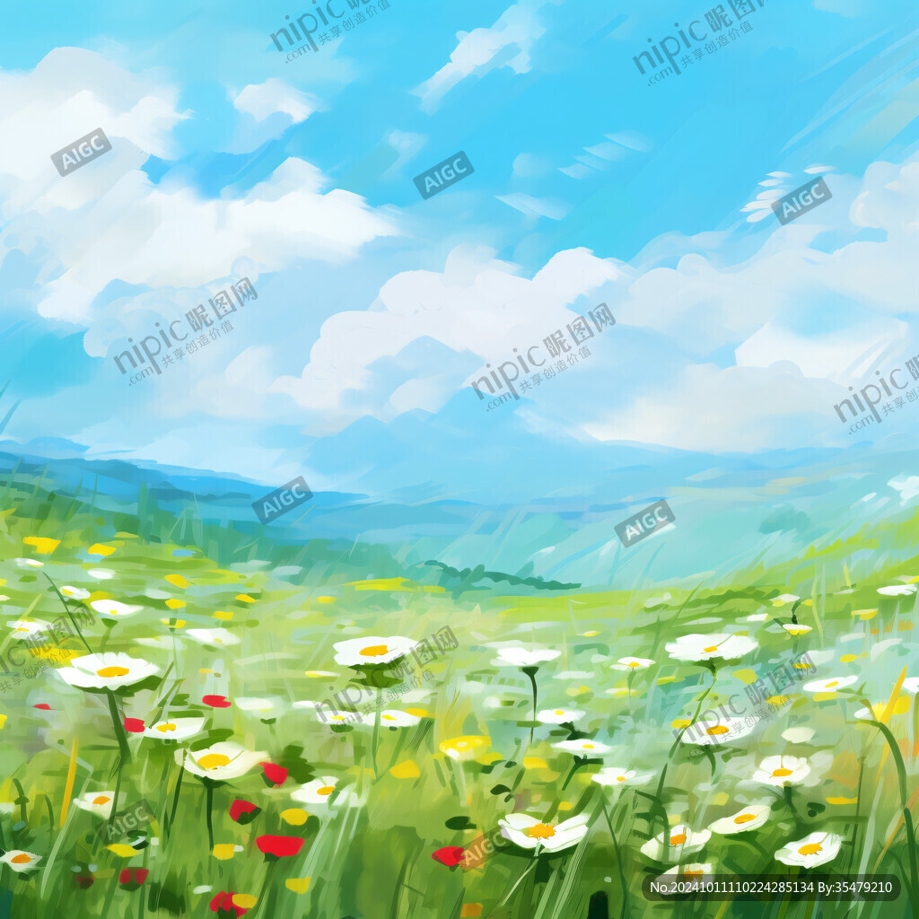 蓝天白云草地插画