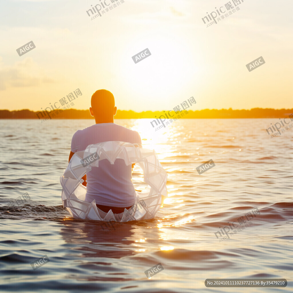 夕阳下游泳的人