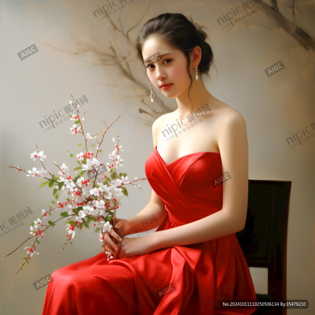 红裙少女戴花女孩