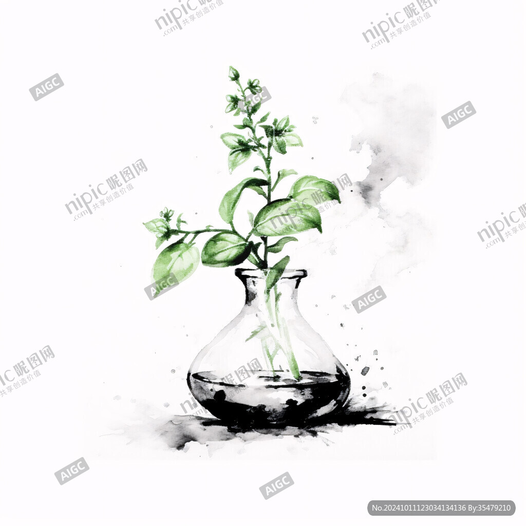手绘插画瓶子里的绿萝