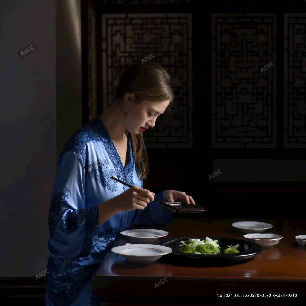 旗袍美女端碗饭菜