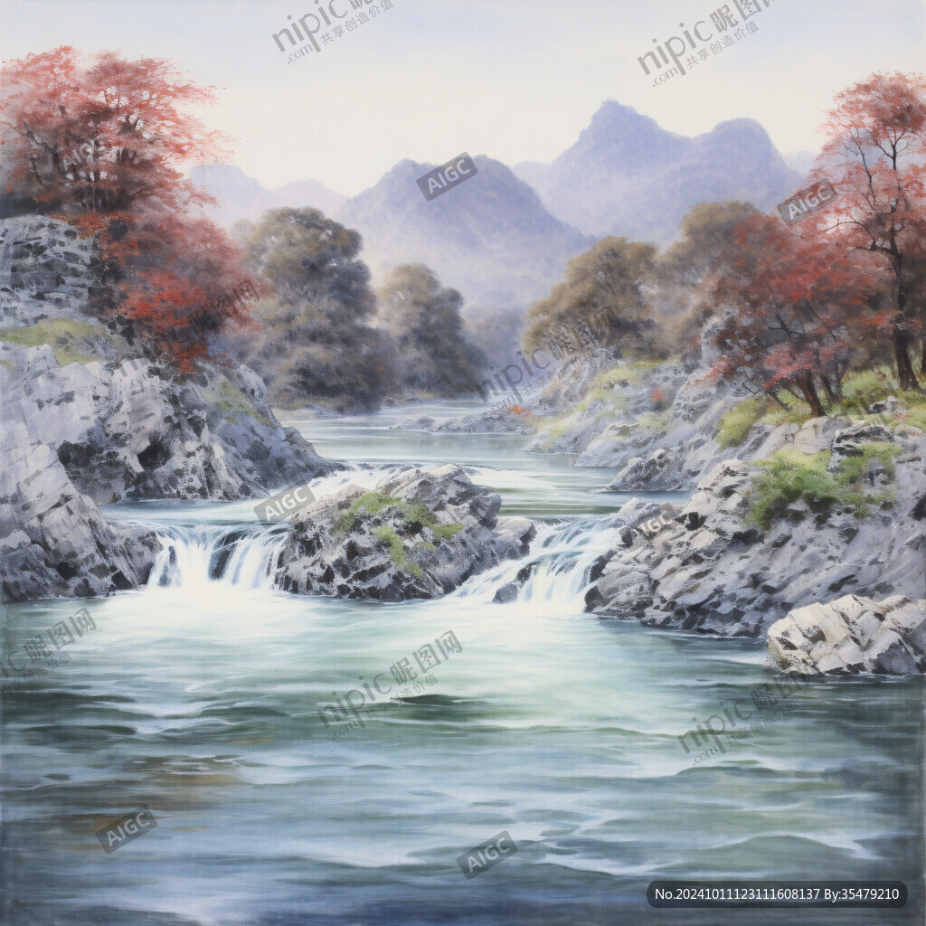 山水风景油画瀑布