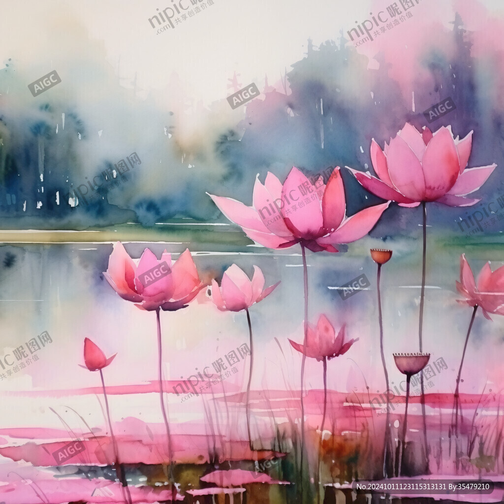 意境风景画水彩荷花