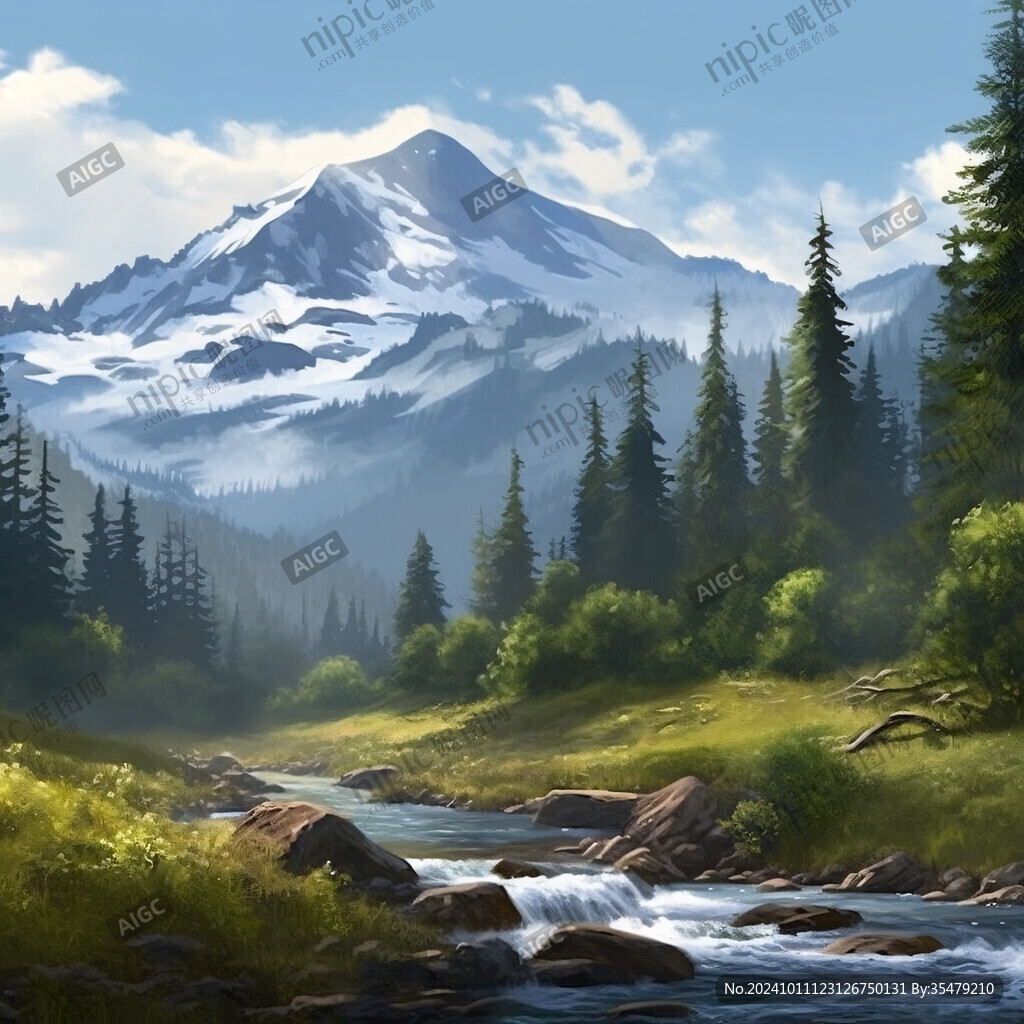 雪山森林河流图