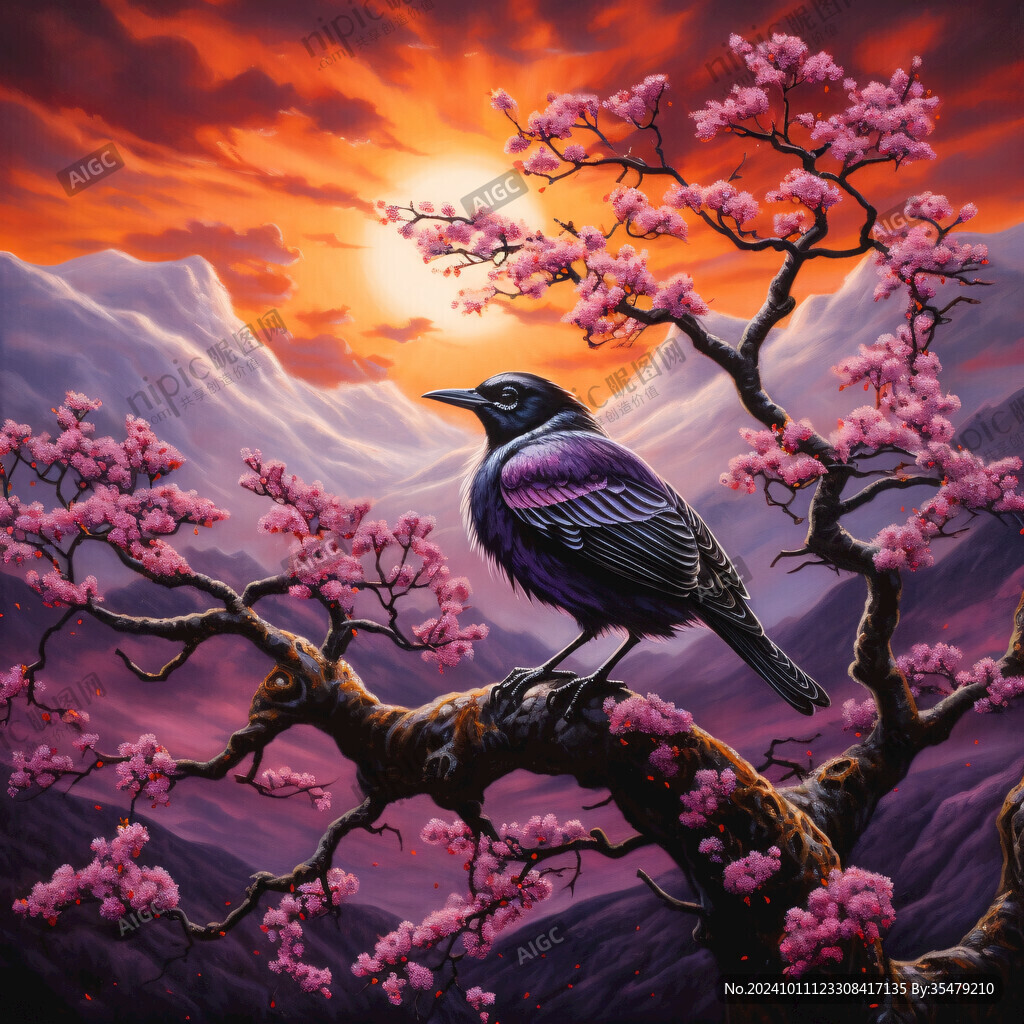 飞鸟立在樱花树上